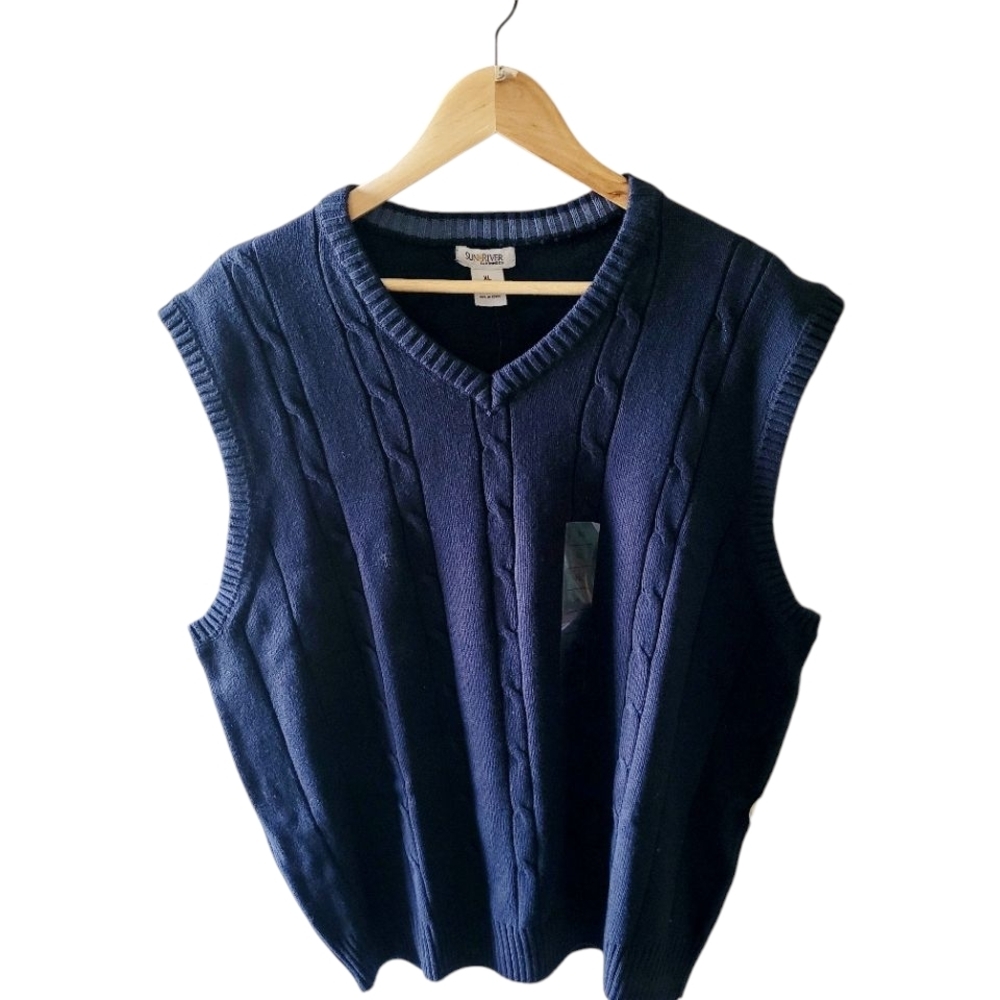 Sun River Men's Navy Cable Knit Sweater Vest Size XL Vihtage New With Tags